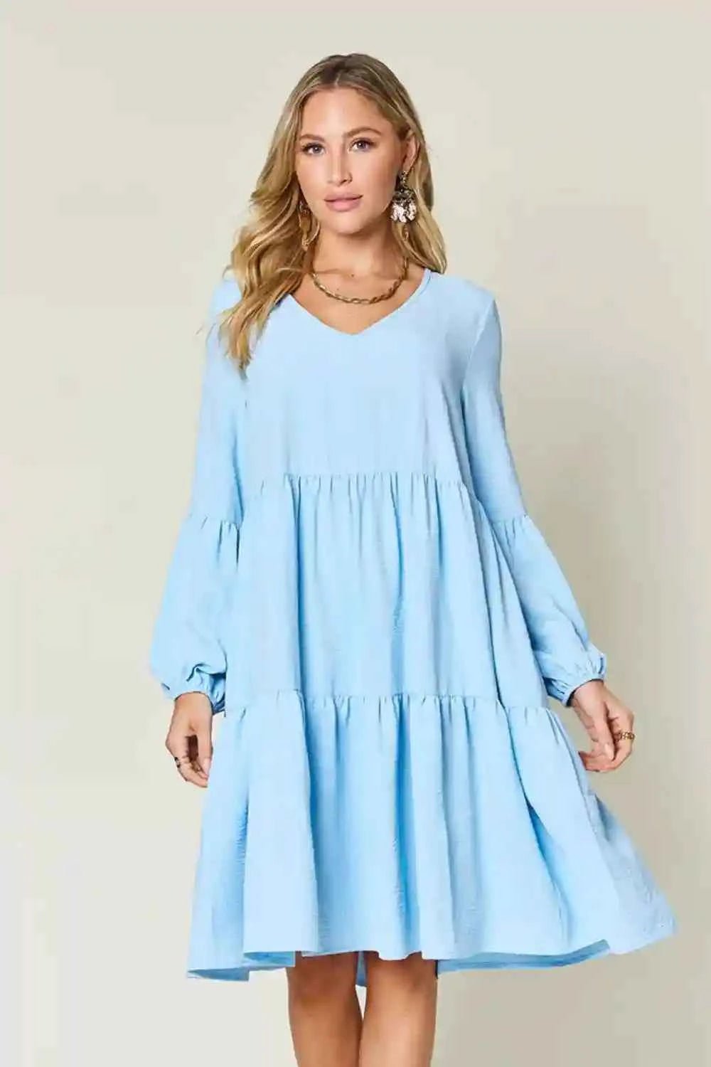 Double Take V - Neck Balloon Sleeve Dress with Pockets - Full Size Tiered Design - MegaSuperStar