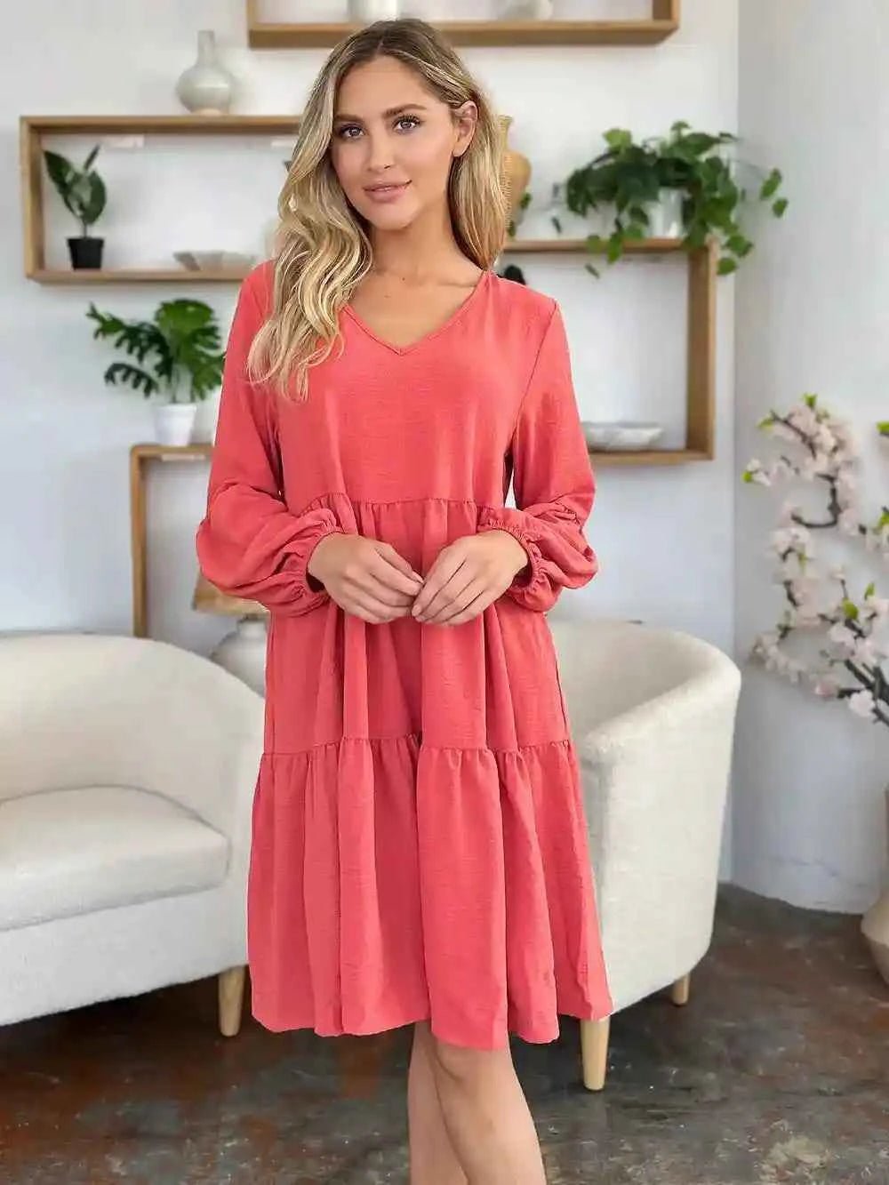 Double Take V - Neck Balloon Sleeve Dress with Pockets - Full Size Tiered Design - MegaSuperStar
