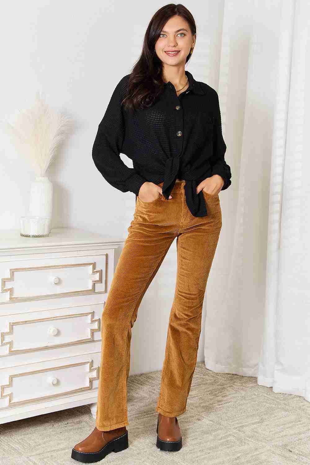 Double Take Waffle - Knit Collared Shirt with Dropped Shoulders – Chic Comfort by MegaSuperStar - MegaSuperStar