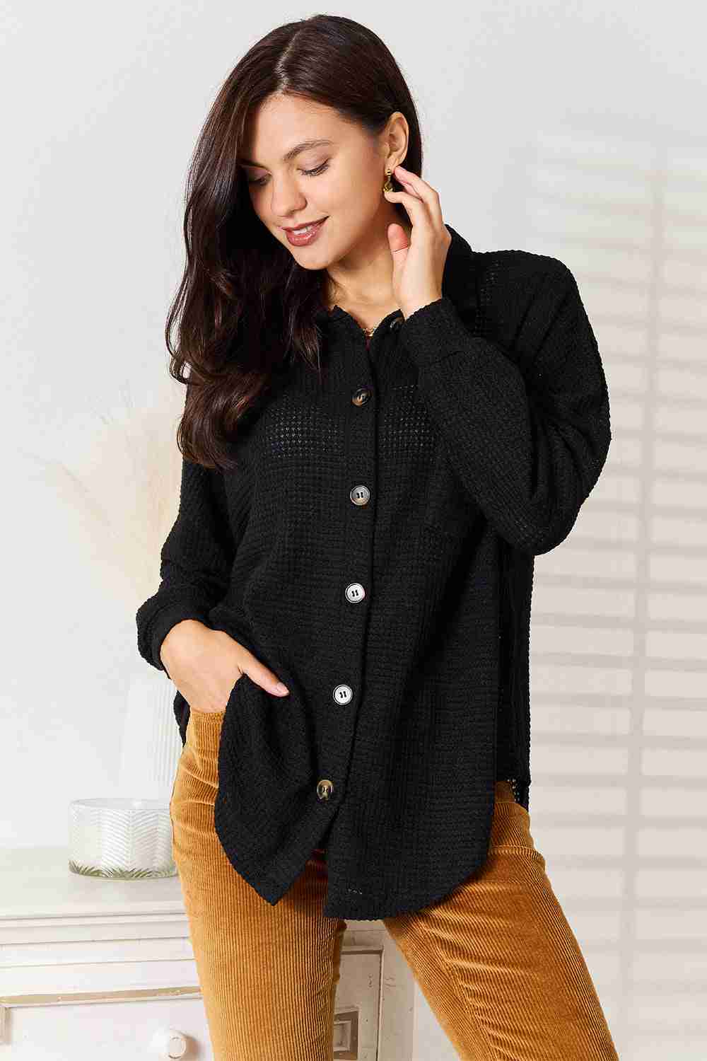 Double Take Waffle - Knit Collared Shirt with Dropped Shoulders – Chic Comfort by MegaSuperStar - MegaSuperStar