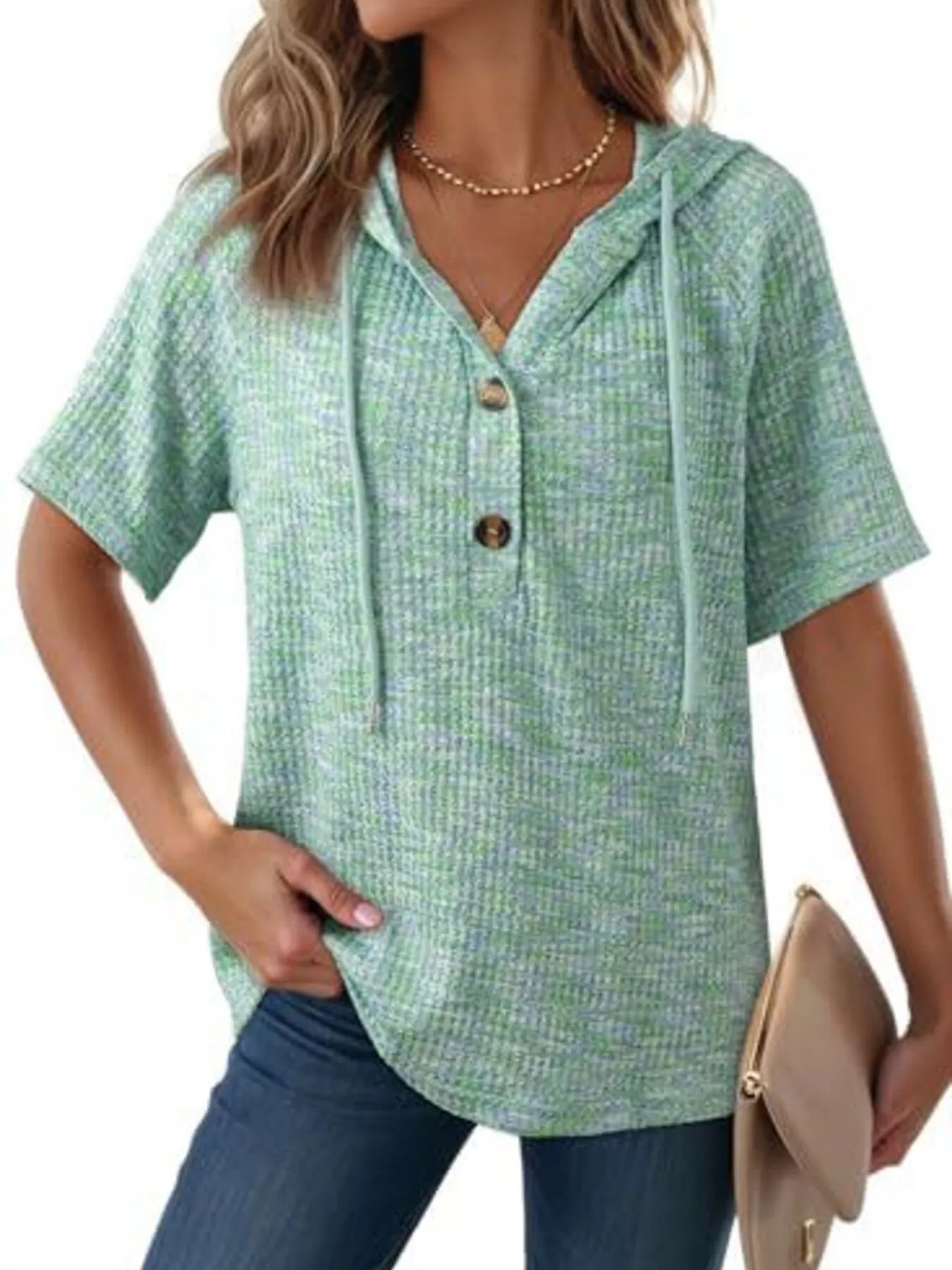 Drawstring Short Sleeve Hooded Top - MegaSuperStar
