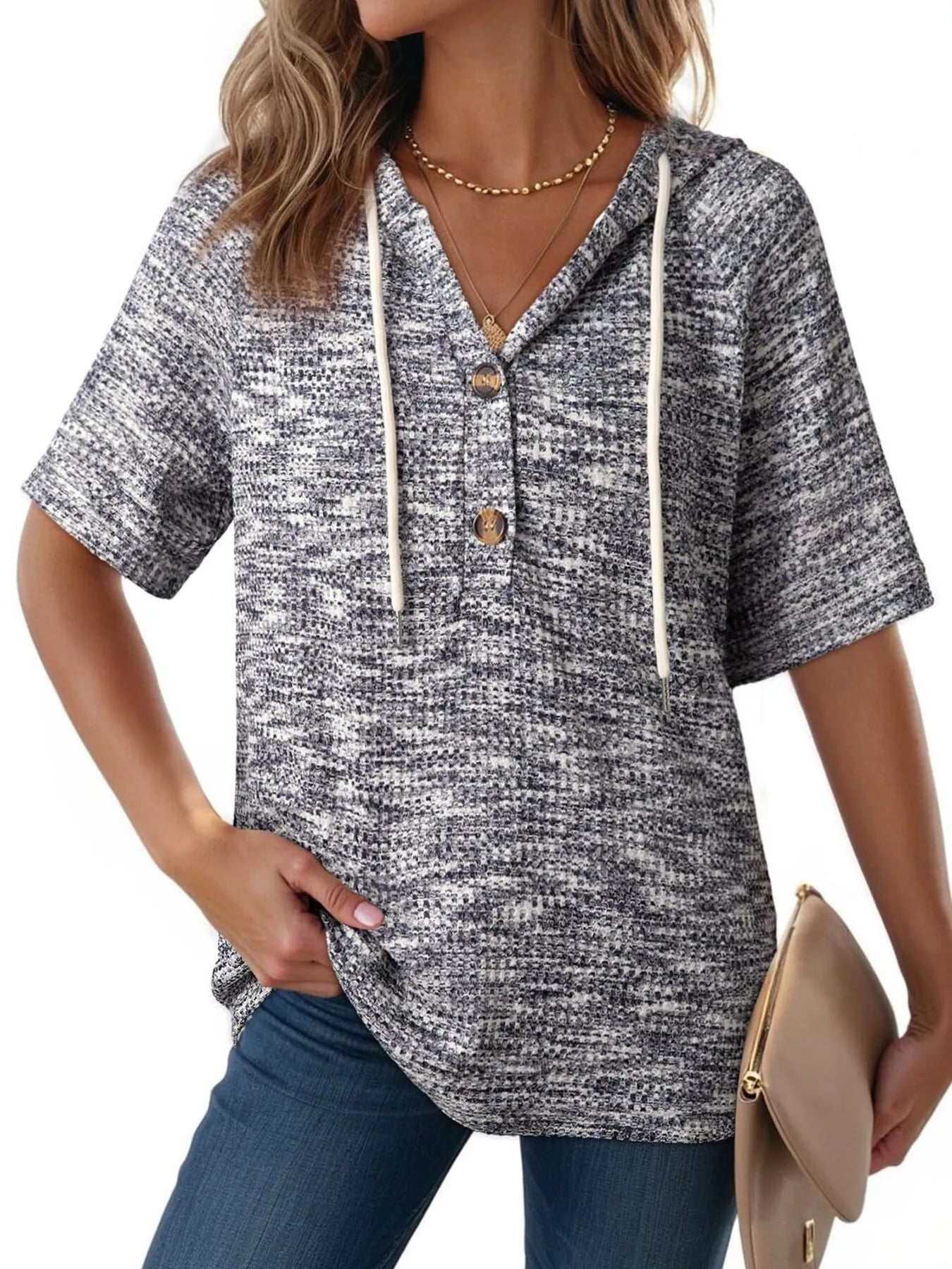 Drawstring Short Sleeve Hooded Top - MegaSuperStar