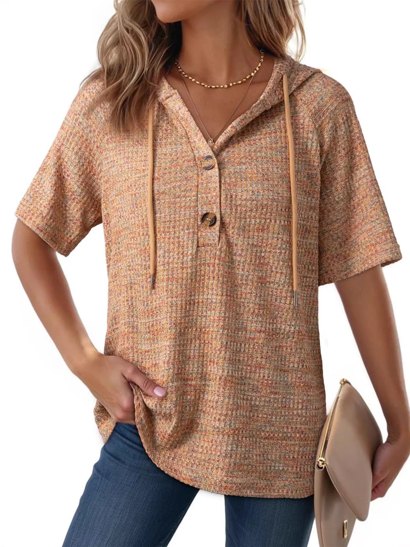 Drawstring Short Sleeve Hooded Top - MegaSuperStar