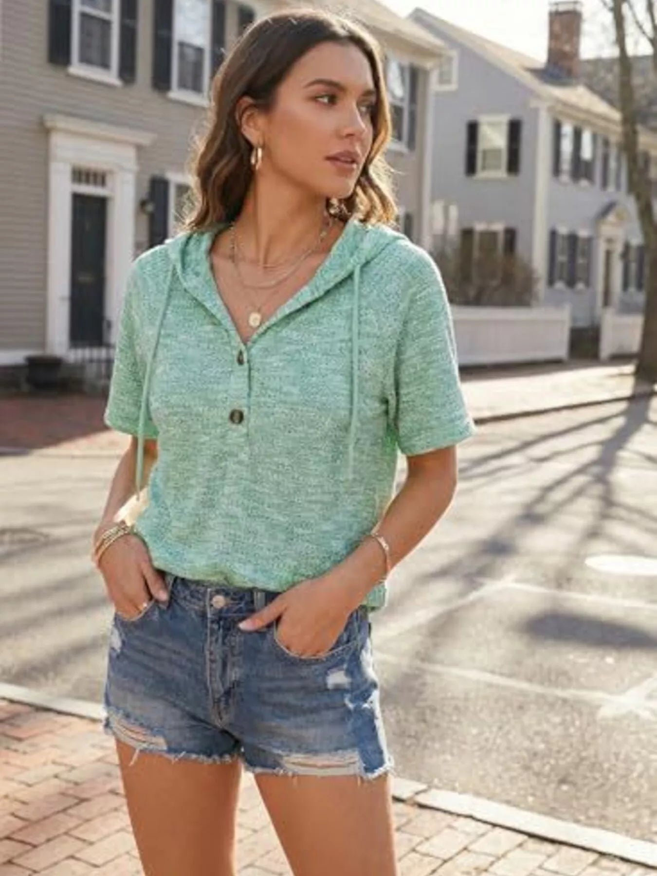 Drawstring Short Sleeve Hooded Top - MegaSuperStar