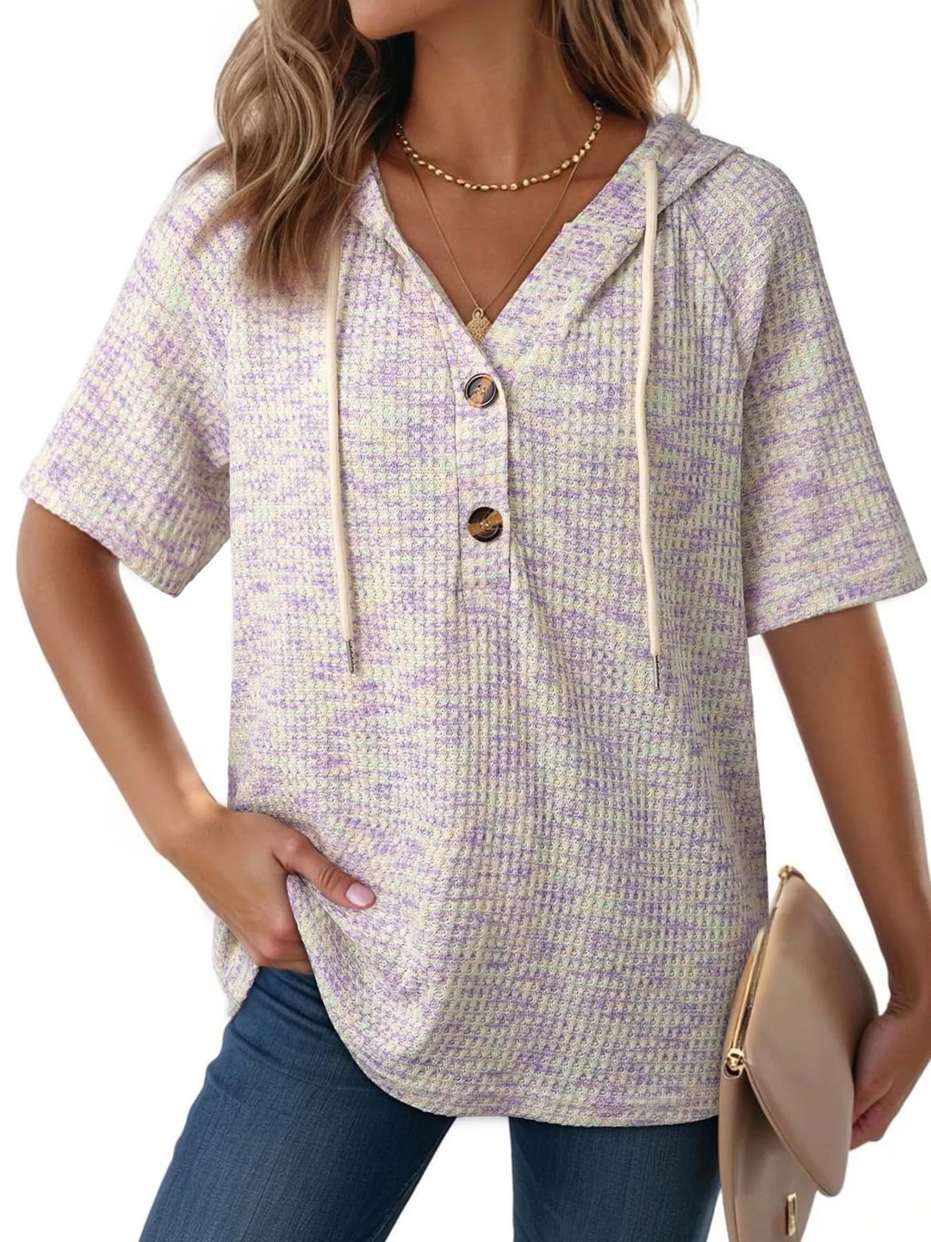 Drawstring Short Sleeve Hooded Top - MegaSuperStar
