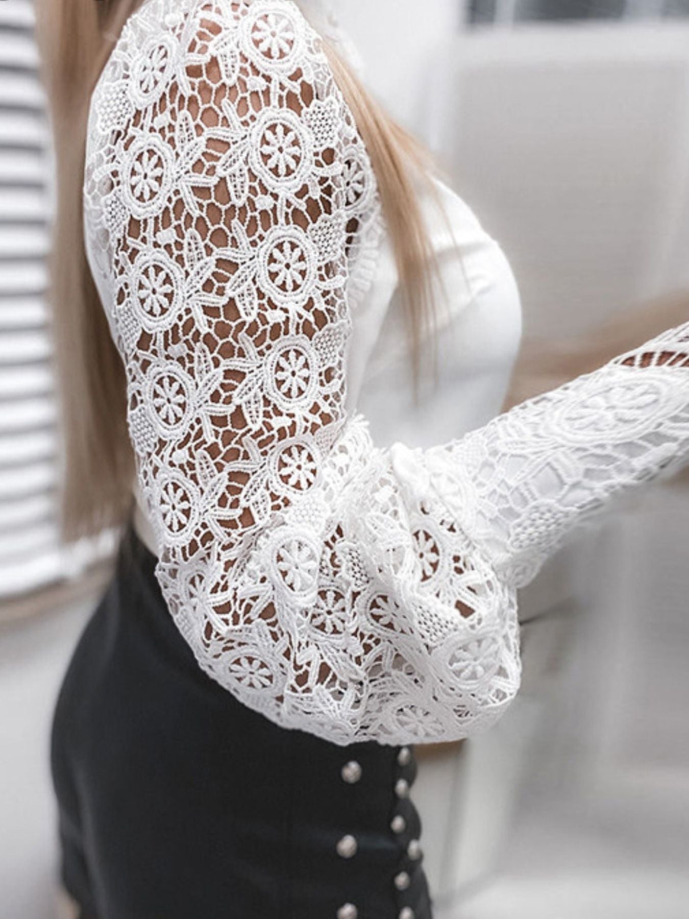 Elegant Lace Detail Long Sleeve Button Down Shirt - MegaSuperStar