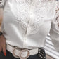 Elegant Lace Detail Long Sleeve Button Down Shirt - MegaSuperStar