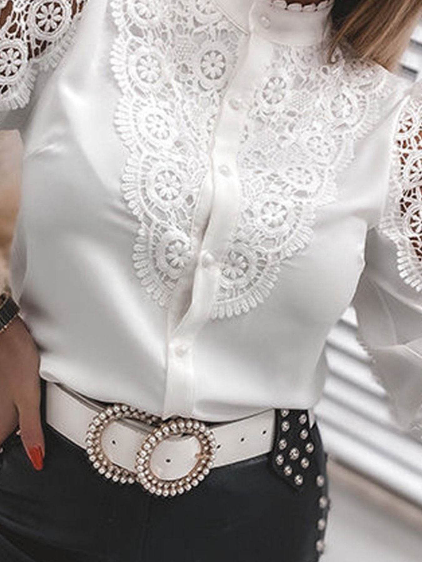 Elegant Lace Detail Long Sleeve Button Down Shirt - MegaSuperStar