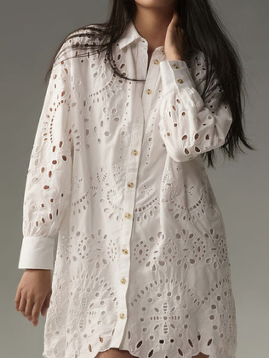 Eyelet Button Up Longline Shirt - MegaSuperStar