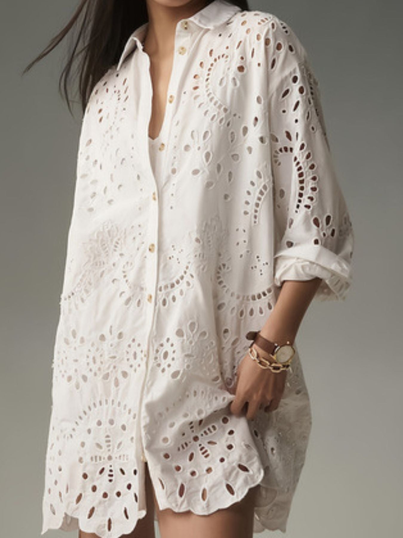 Eyelet Button Up Longline Shirt - MegaSuperStar