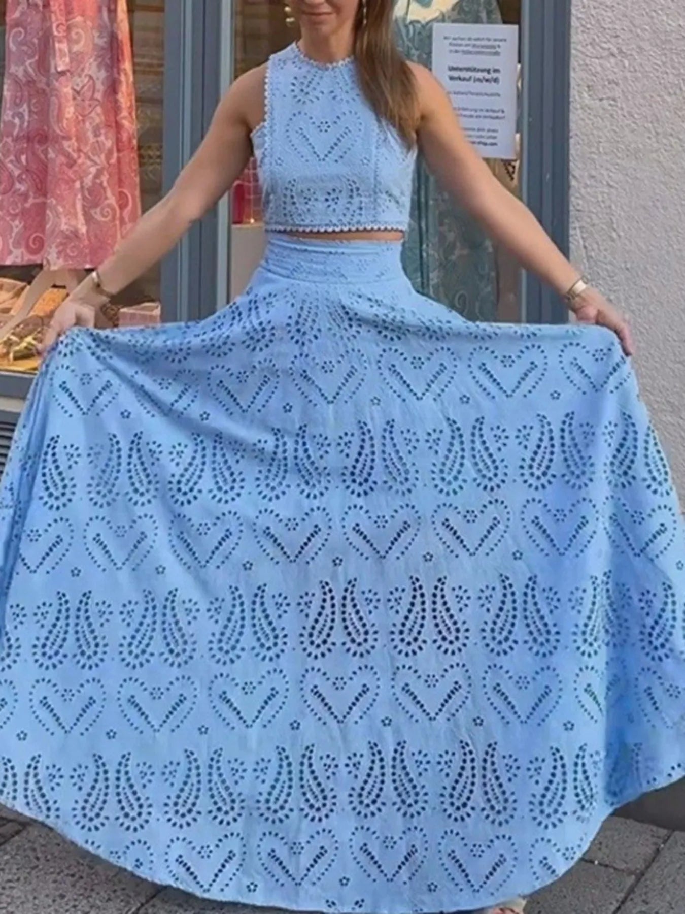 ✨ Eyelet Lace Top Maxi Skirt Set for Effortless Elegance 🌸 - MegaSuperStar