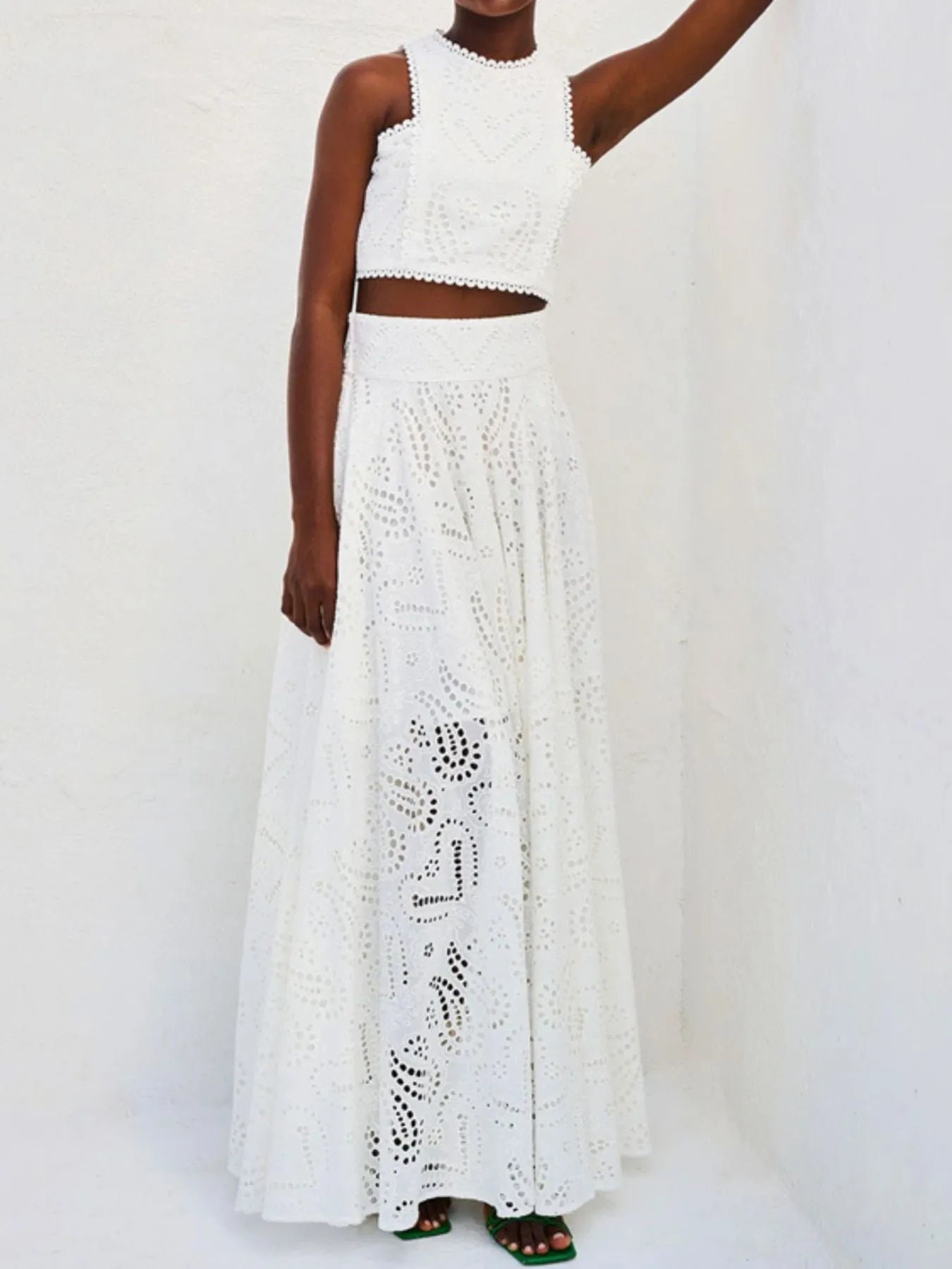 ✨ Eyelet Lace Top Maxi Skirt Set for Effortless Elegance 🌸 - MegaSuperStar