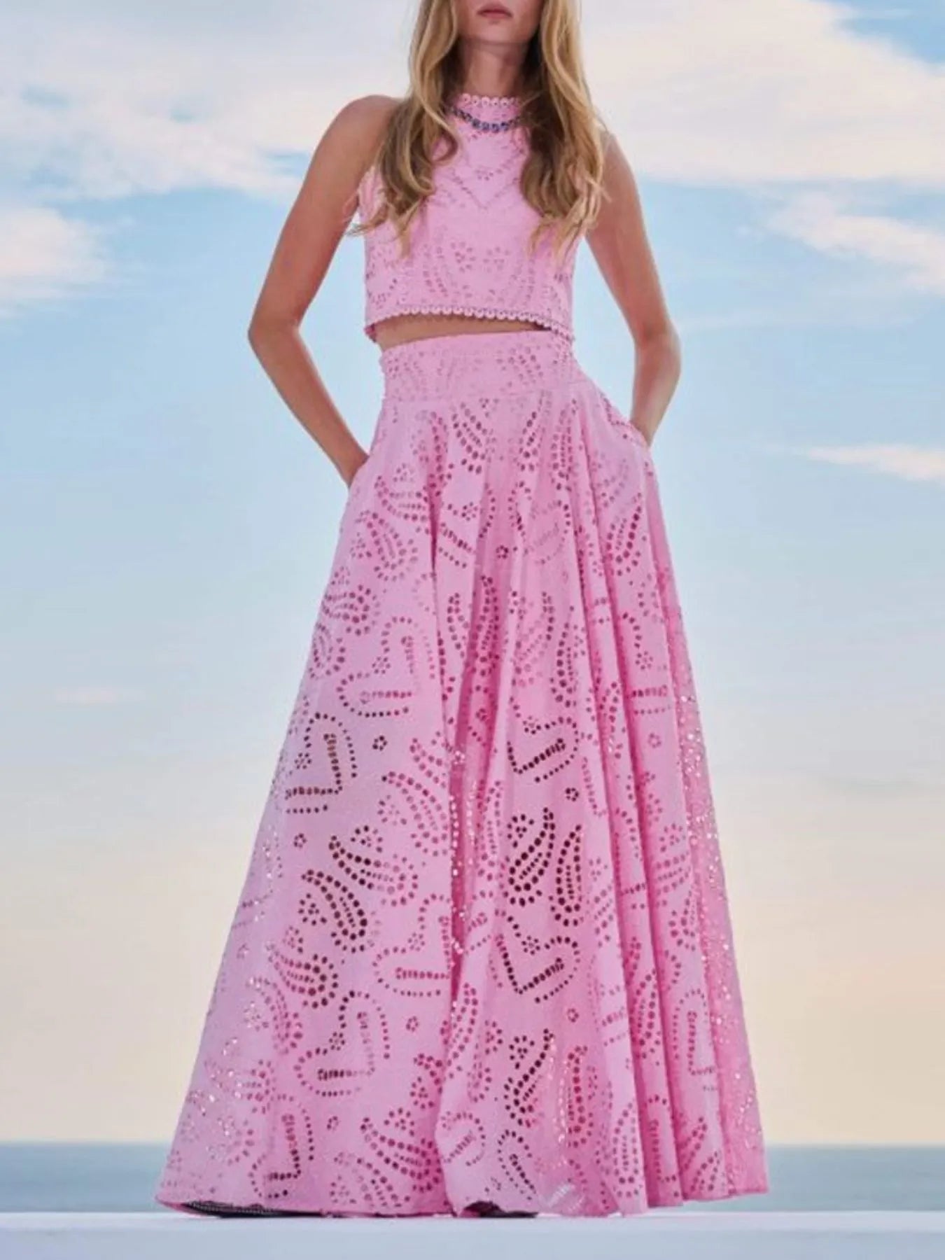 ✨ Eyelet Lace Top Maxi Skirt Set for Effortless Elegance 🌸 - MegaSuperStar