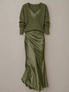 Full Size V-Neck Sweater and Satin Maxi Dress Two-Piece Set Plus Size thumbnail