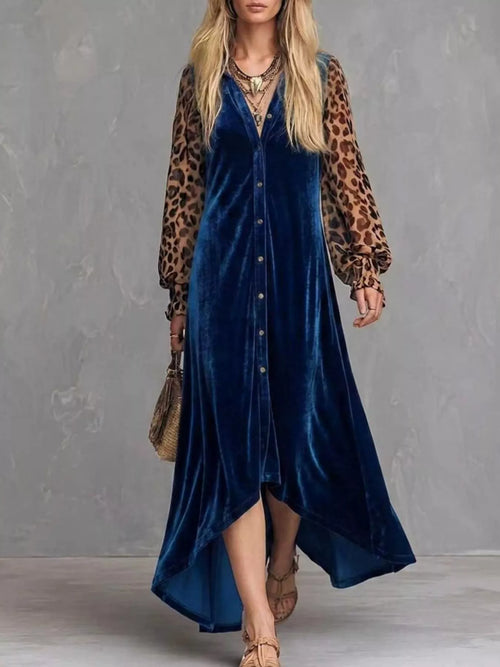 Customer styling Leopard Velvet Button-Down Maxi Dress
