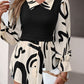 Collared Neck Black And White Color-Contrast Print Long Sleeve Shirt