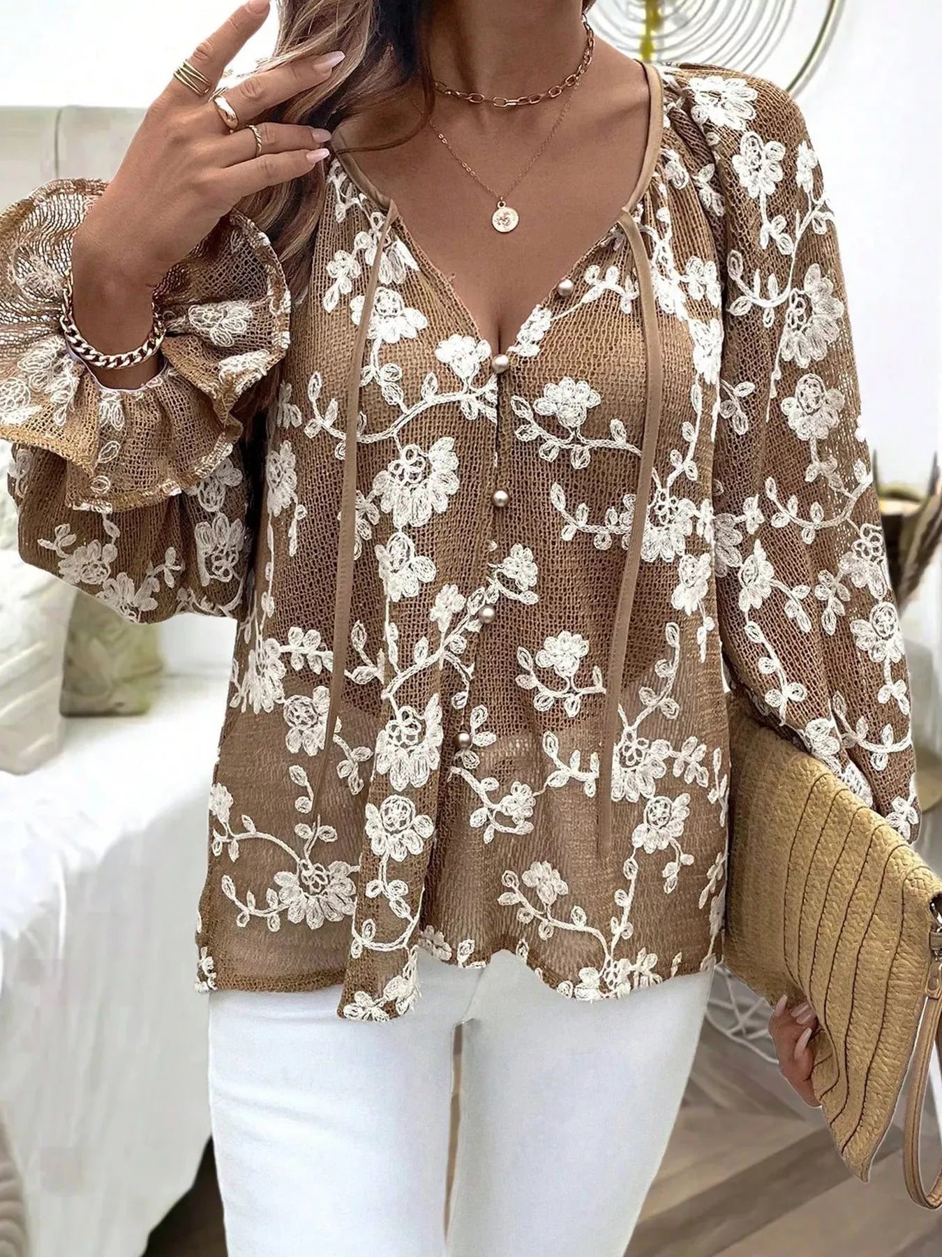 Floral Embroidered Long Sleeve Shirt - MegaSuperStar