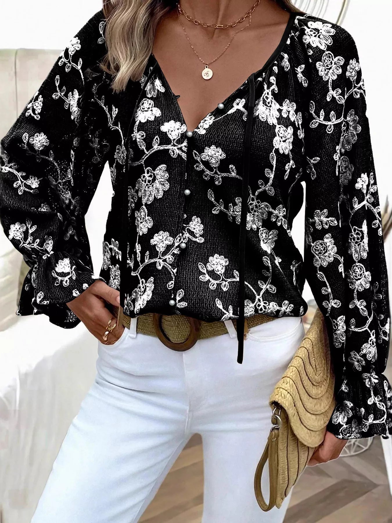 Floral Embroidered Long Sleeve Shirt - MegaSuperStar