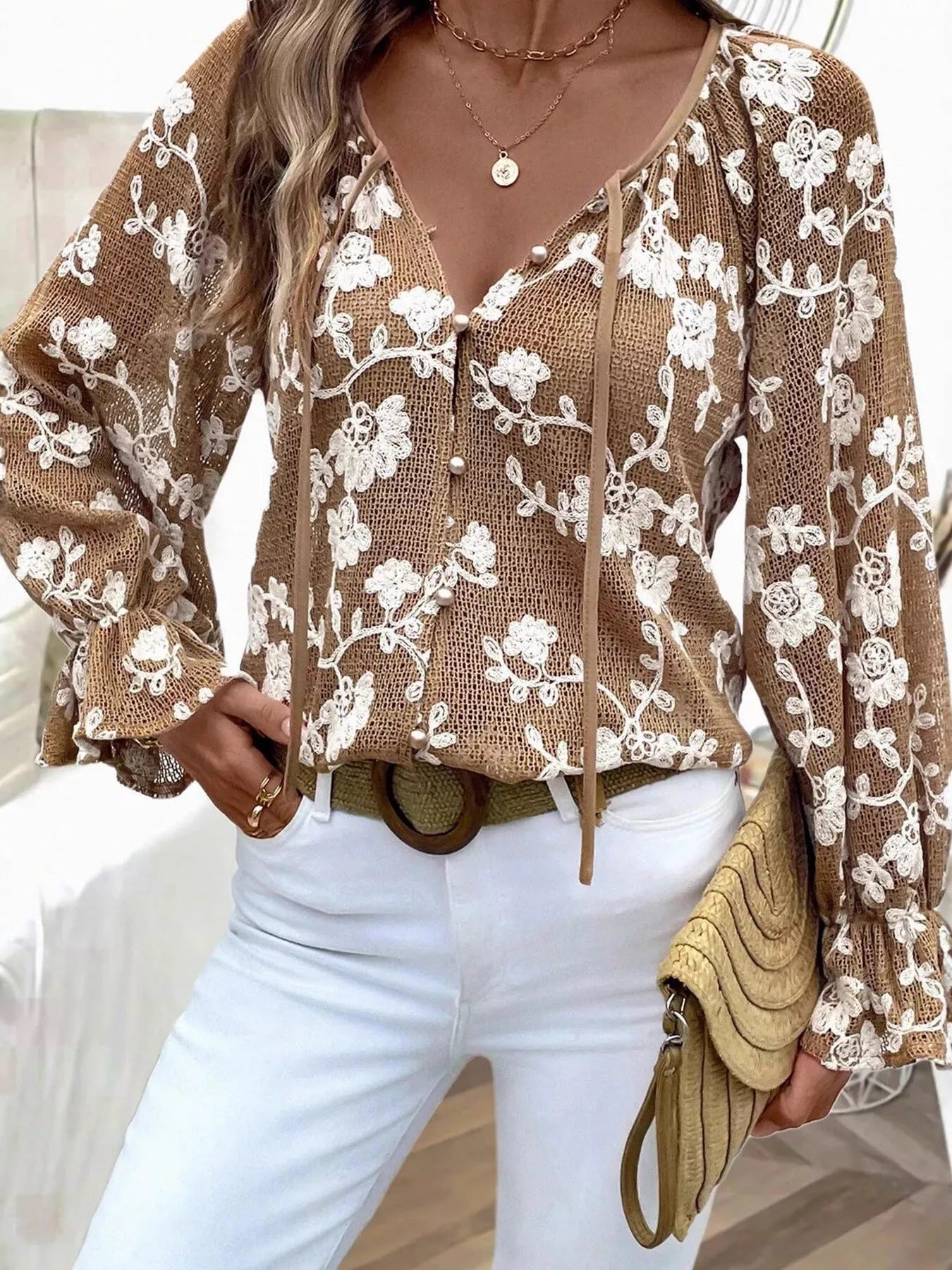 Floral Embroidered Long Sleeve Shirt - MegaSuperStar