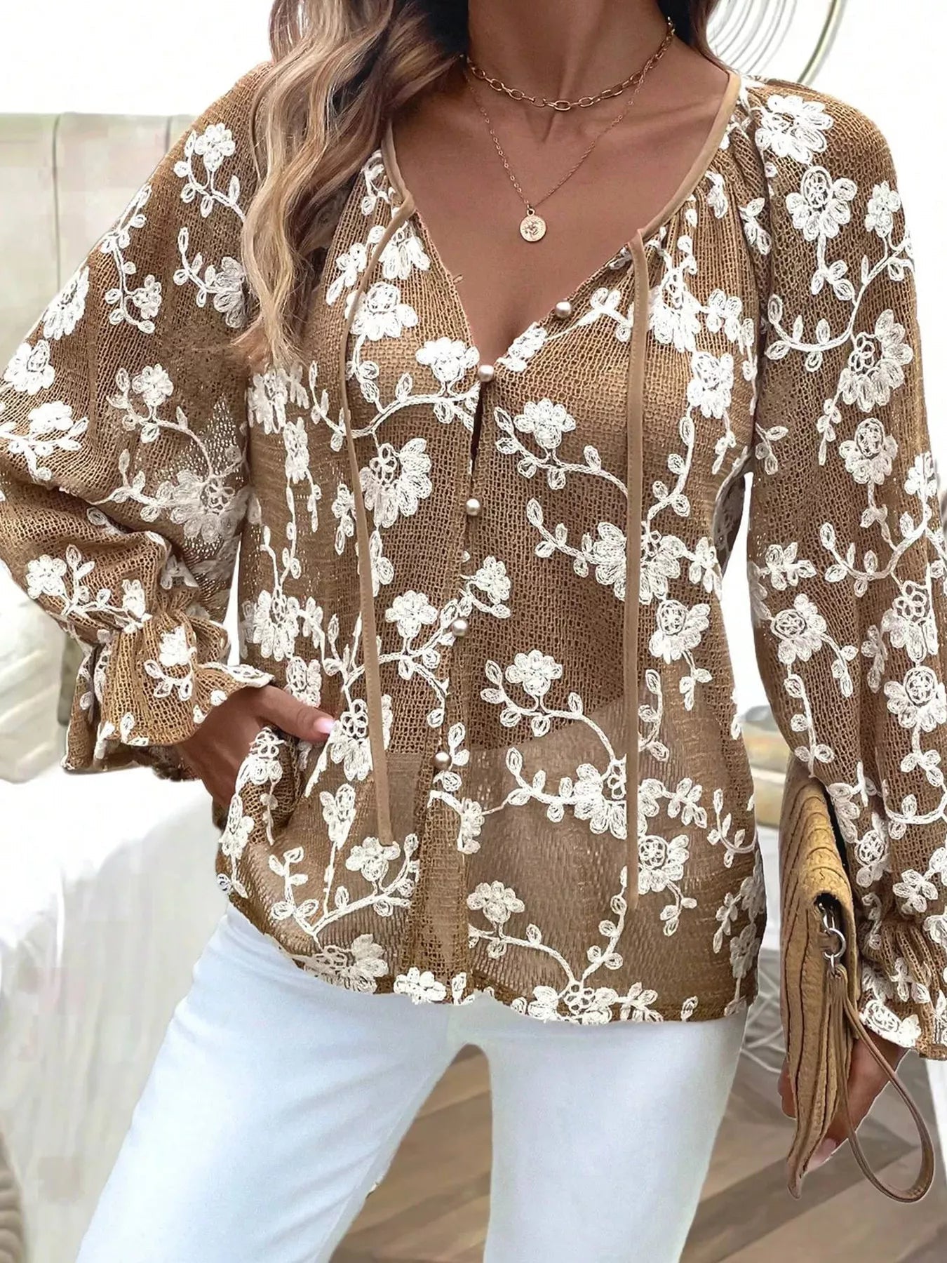 Floral Embroidered Long Sleeve Shirt - MegaSuperStar