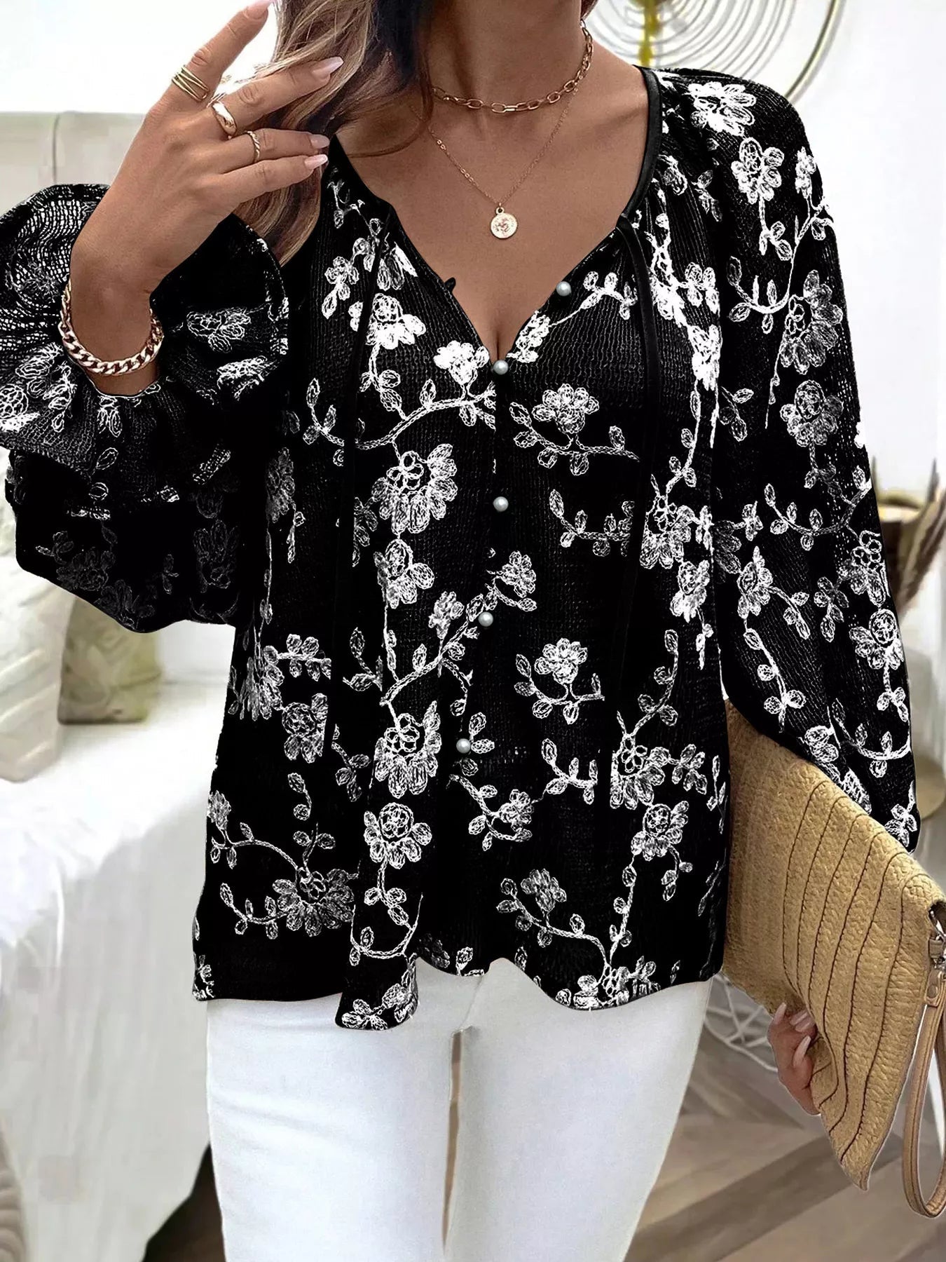 Floral Embroidered Long Sleeve Shirt - MegaSuperStar