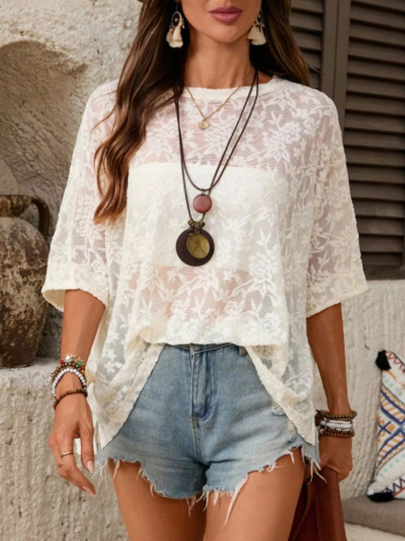 Floral Lace Sheer Round Neck Top - MegaSuperStar
