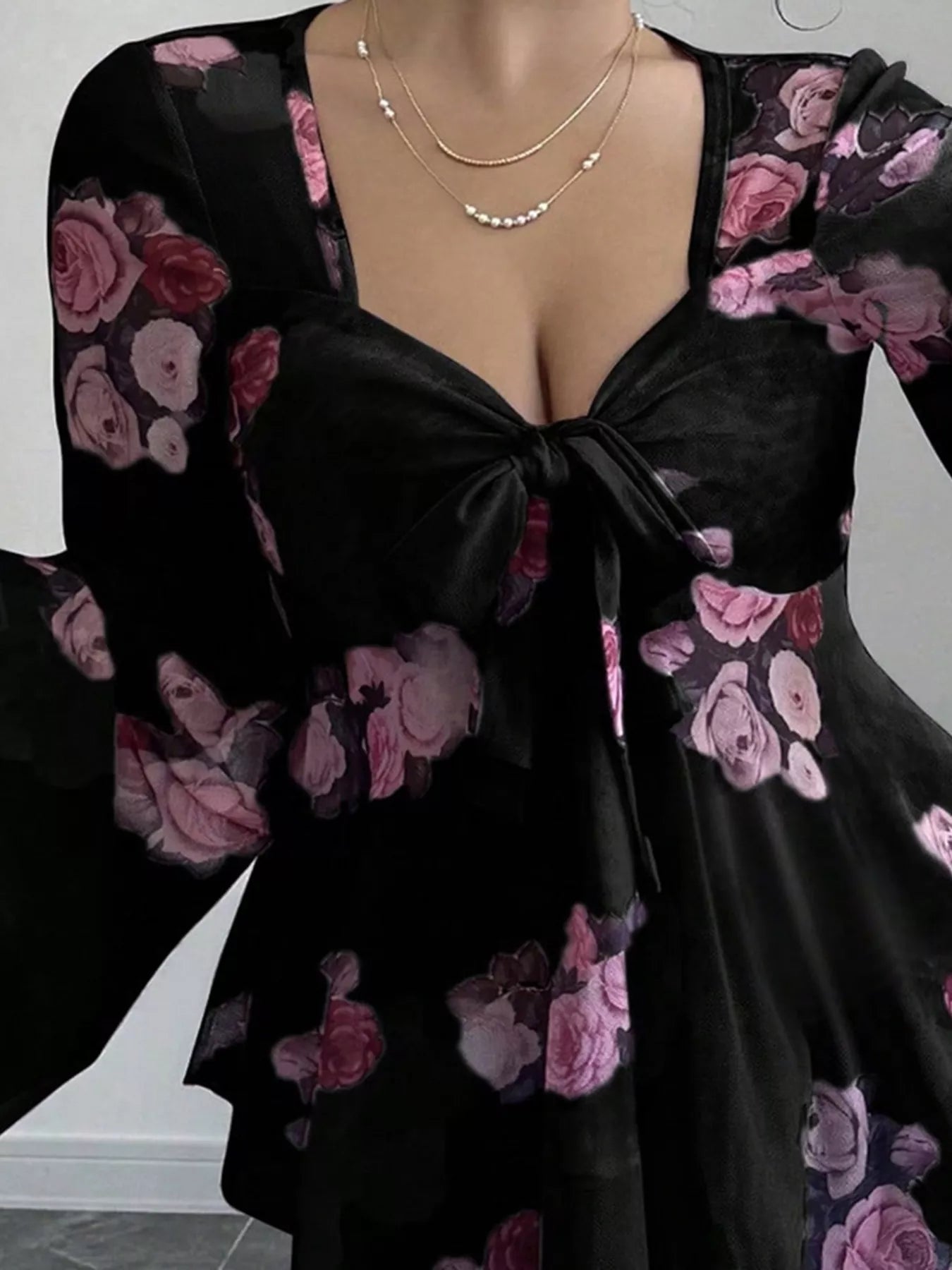 Floral Print Blouse with Tie Front and Flare Sleeves - MegaSuperStar