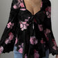 Floral Print Blouse with Tie Front and Flare Sleeves - MegaSuperStar
