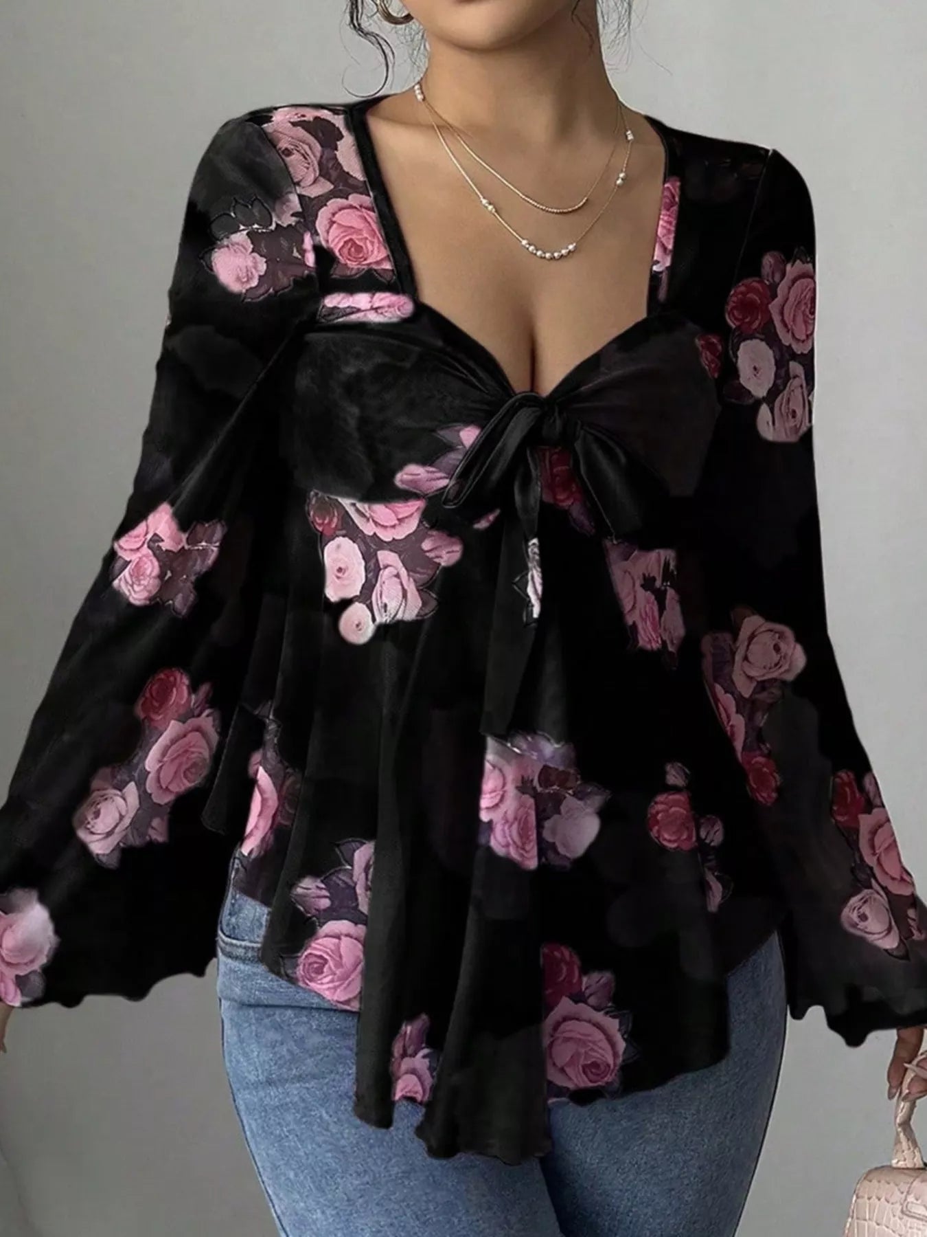 Floral Print Blouse with Tie Front and Flare Sleeves - MegaSuperStar