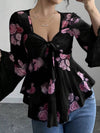 Floral Print Blouse with Tie Front and Flare Sleeves thumbnail