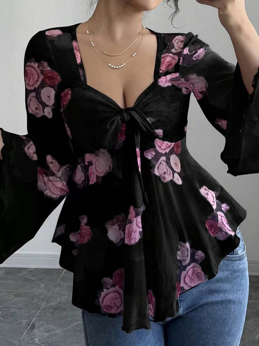 Floral Print Blouse with Tie Front and Flare Sleeves - MegaSuperStar