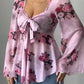 Floral Print Blouse with Tie Front and Flare Sleeves - MegaSuperStar