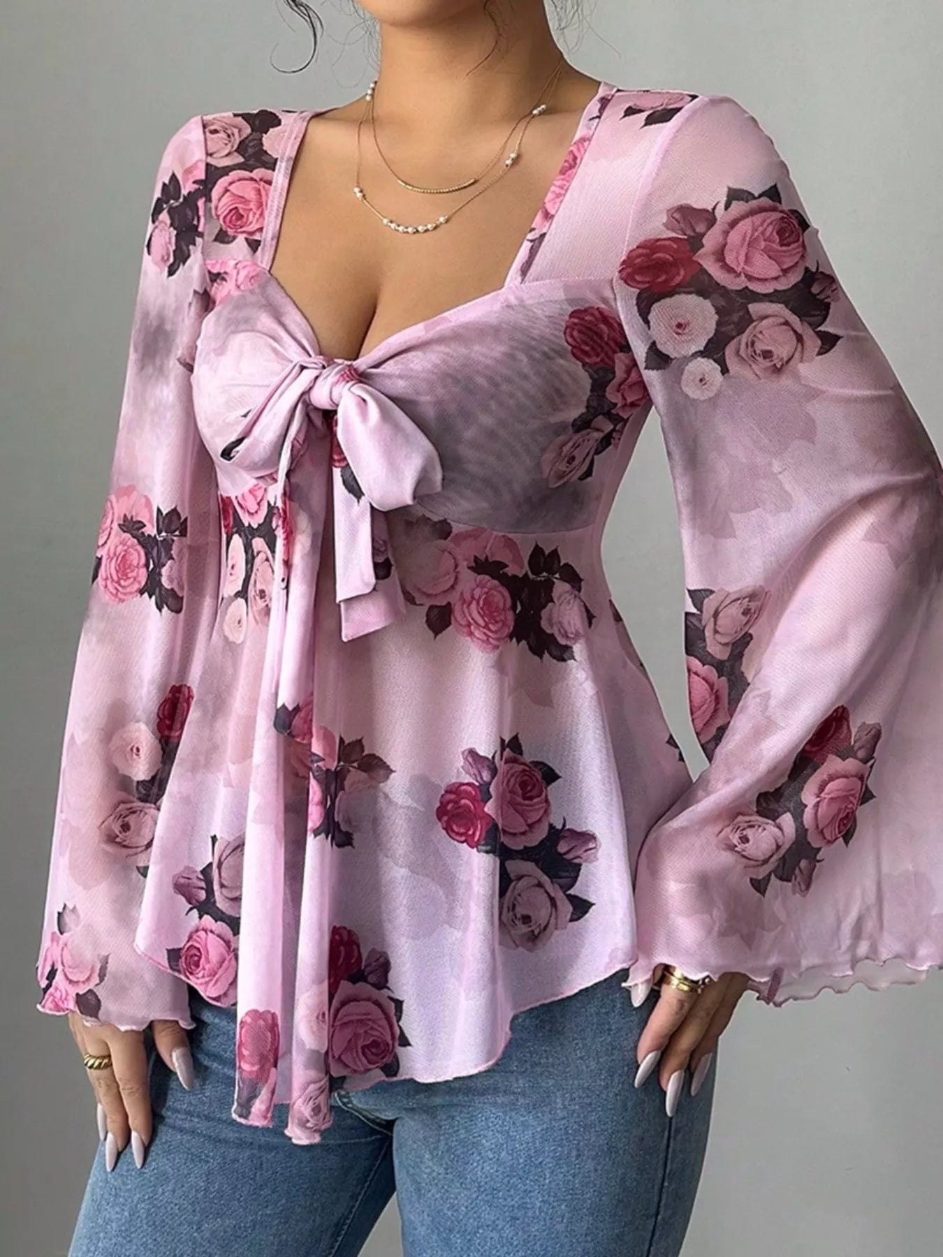 Floral Print Blouse with Tie Front and Flare Sleeves - MegaSuperStar