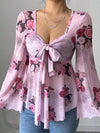 Floral Print Blouse with Tie Front and Flare Sleeves thumbnail
