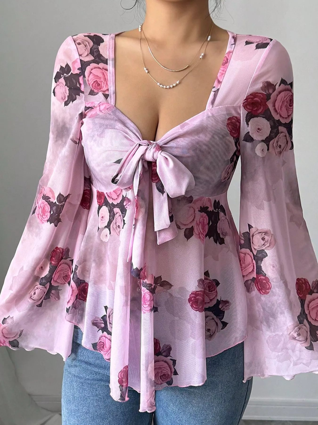 Floral Print Blouse with Tie Front and Flare Sleeves - MegaSuperStar