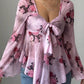 Floral Print Blouse with Tie Front and Flare Sleeves - MegaSuperStar