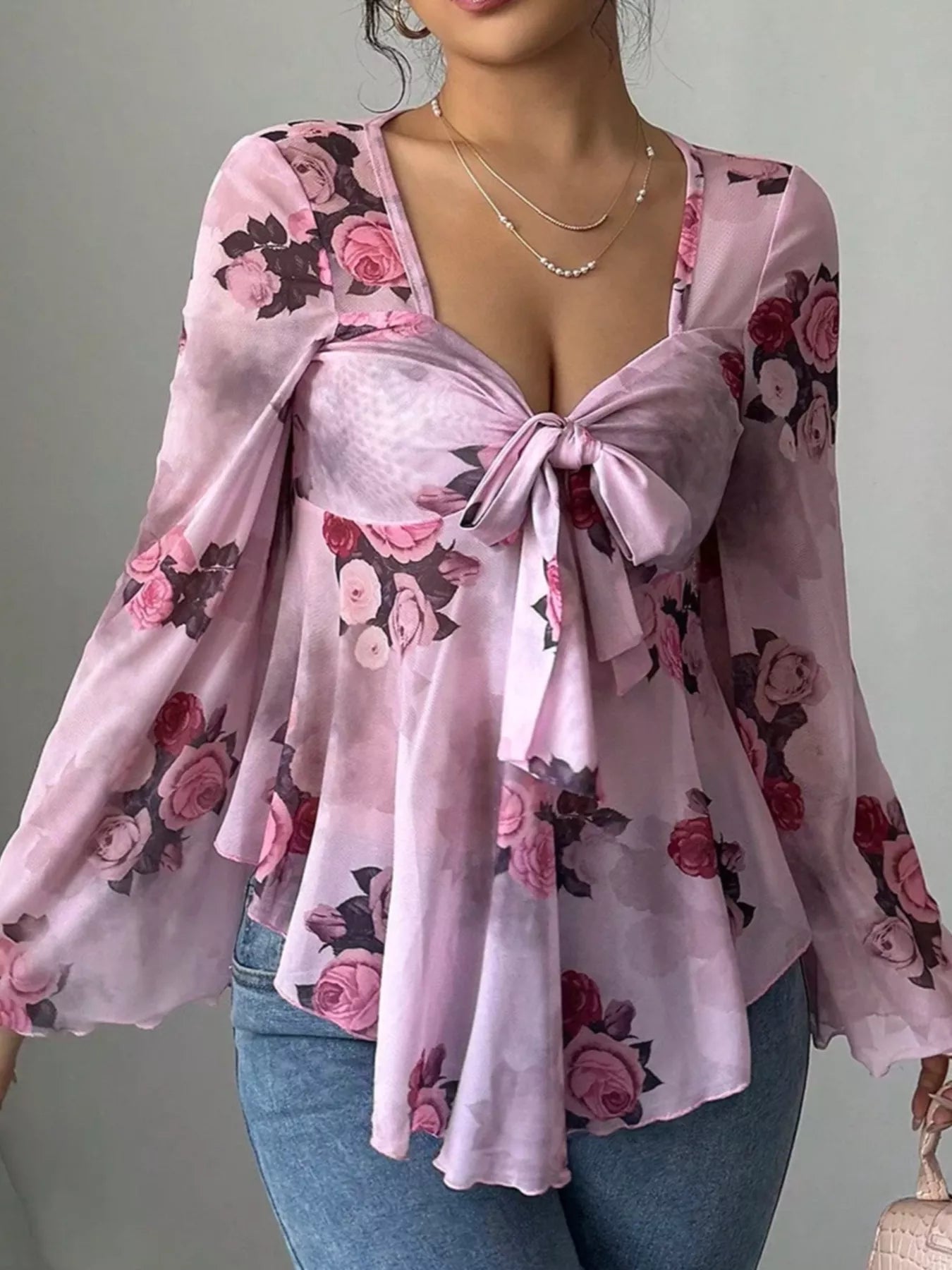 Floral Print Blouse with Tie Front and Flare Sleeves - MegaSuperStar