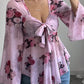 Floral Print Blouse with Tie Front and Flare Sleeves - MegaSuperStar