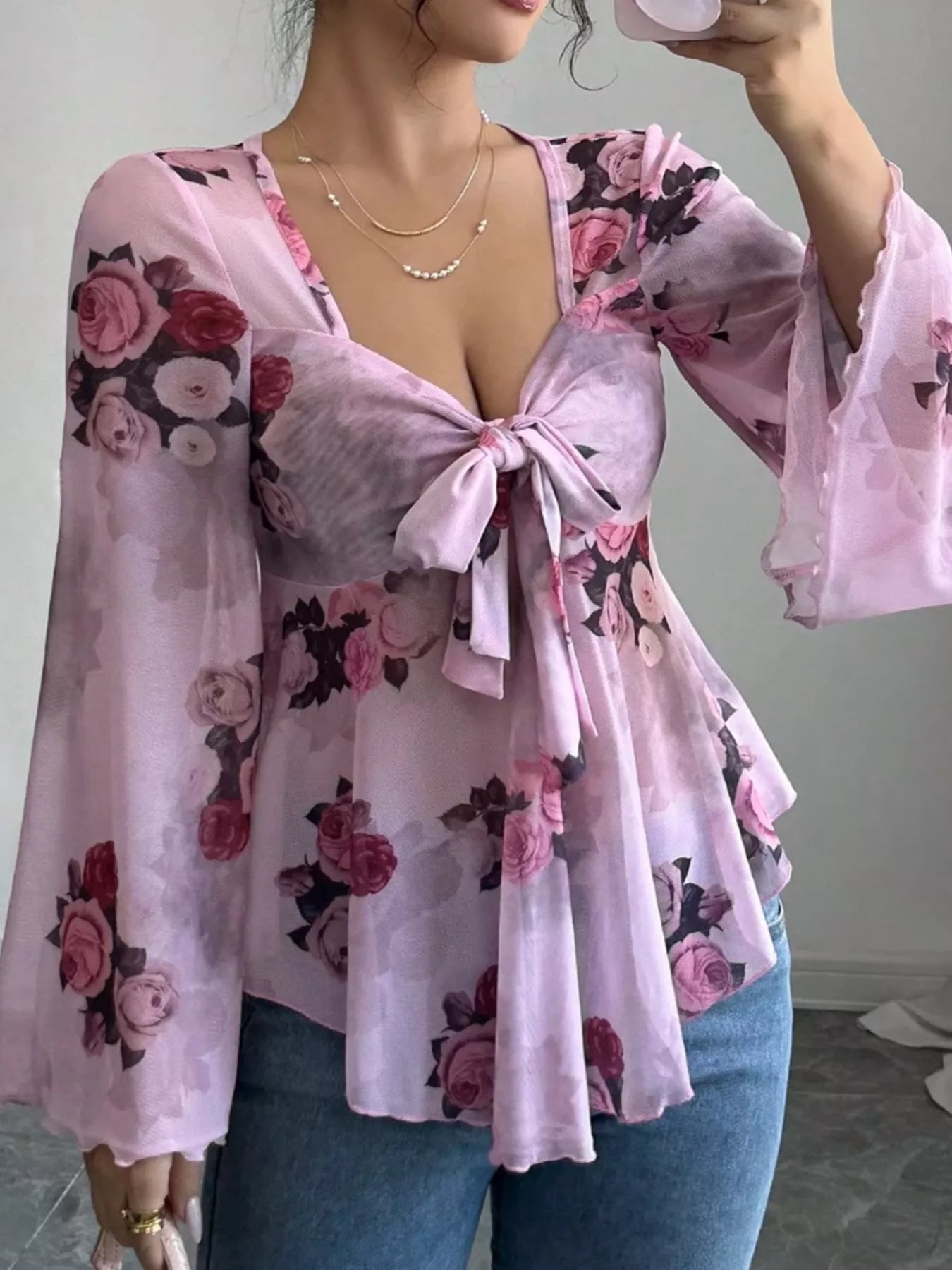 Floral Print Blouse with Tie Front and Flare Sleeves - MegaSuperStar