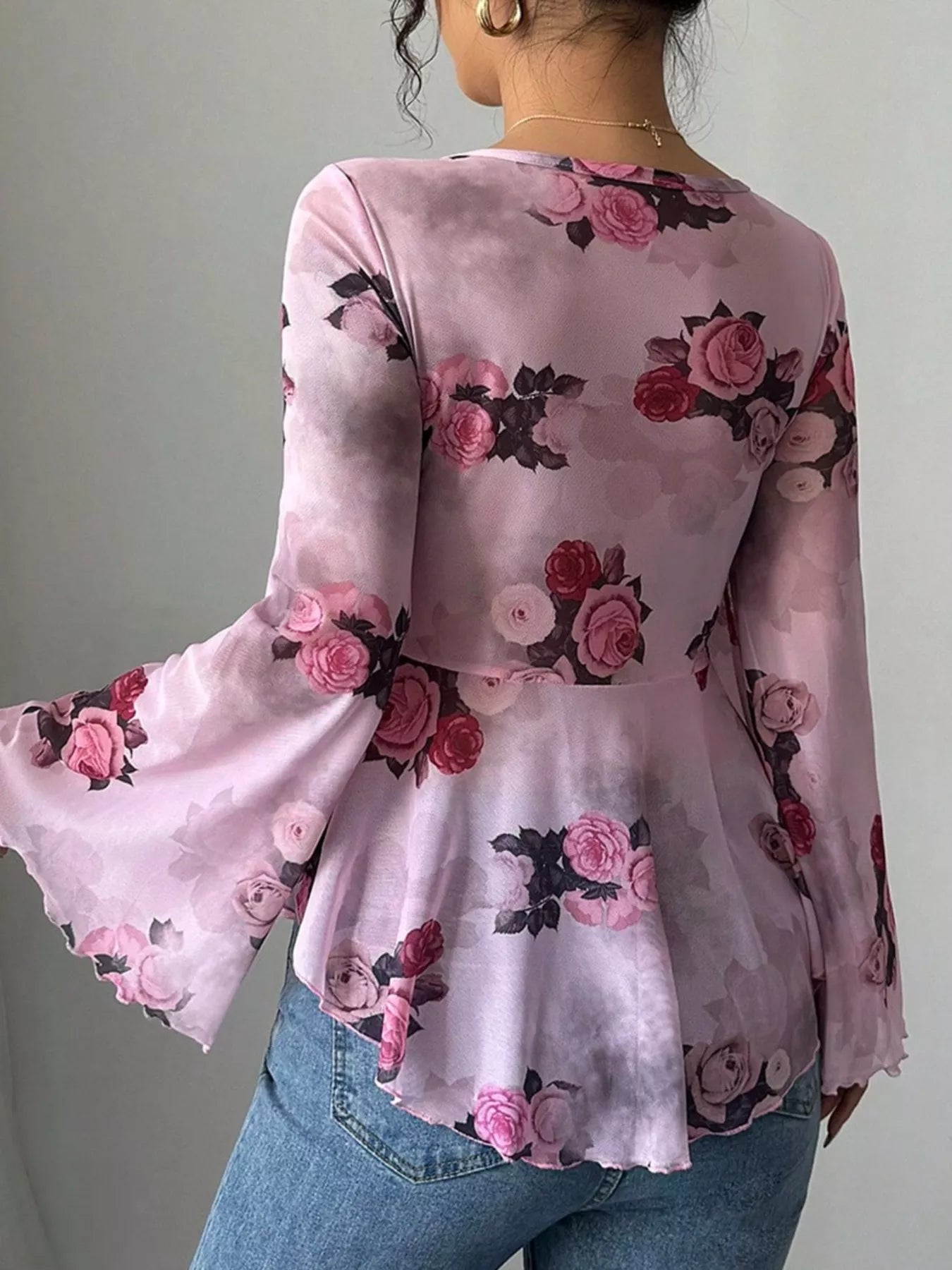 Floral Print Blouse with Tie Front and Flare Sleeves - MegaSuperStar
