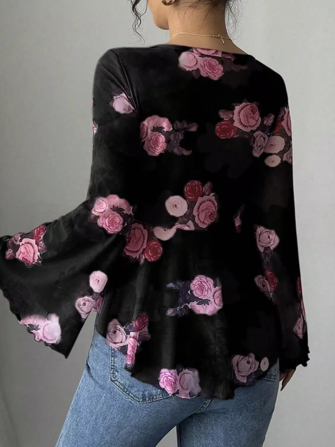 Floral Print Blouse with Tie Front and Flare Sleeves - MegaSuperStar