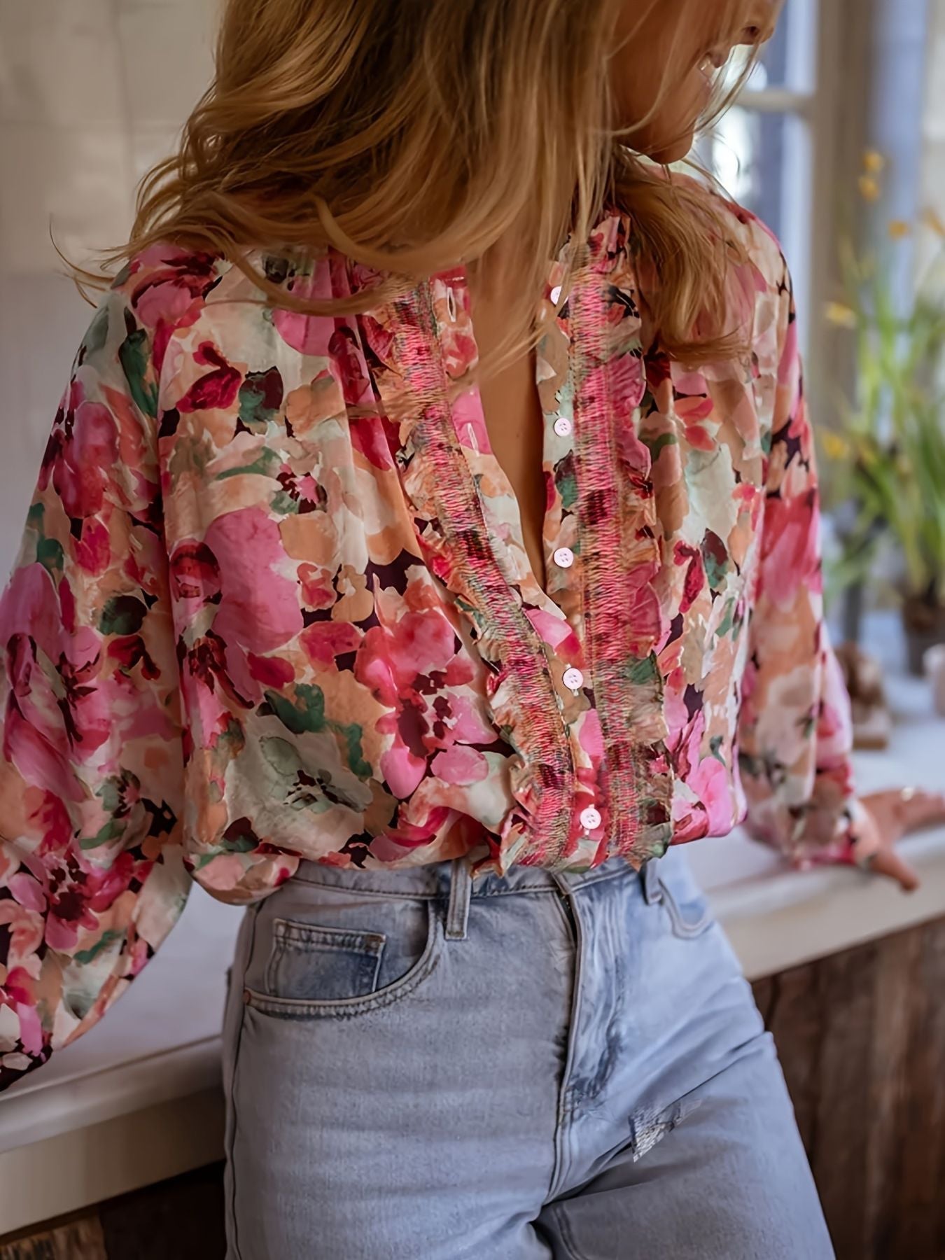 Floral Print Frill Trim Shirt - MegaSuperStar