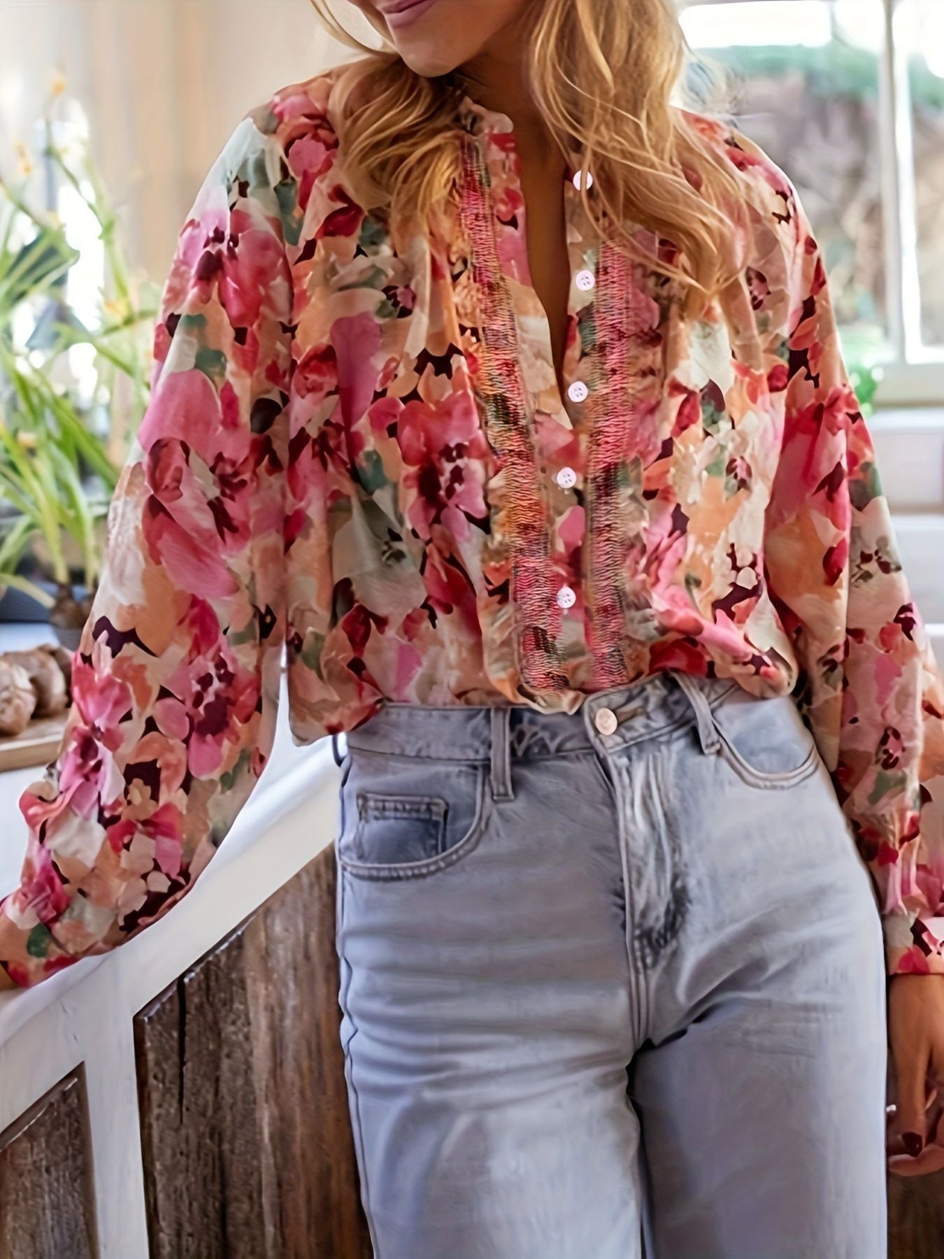 Floral Print Frill Trim Shirt - MegaSuperStar