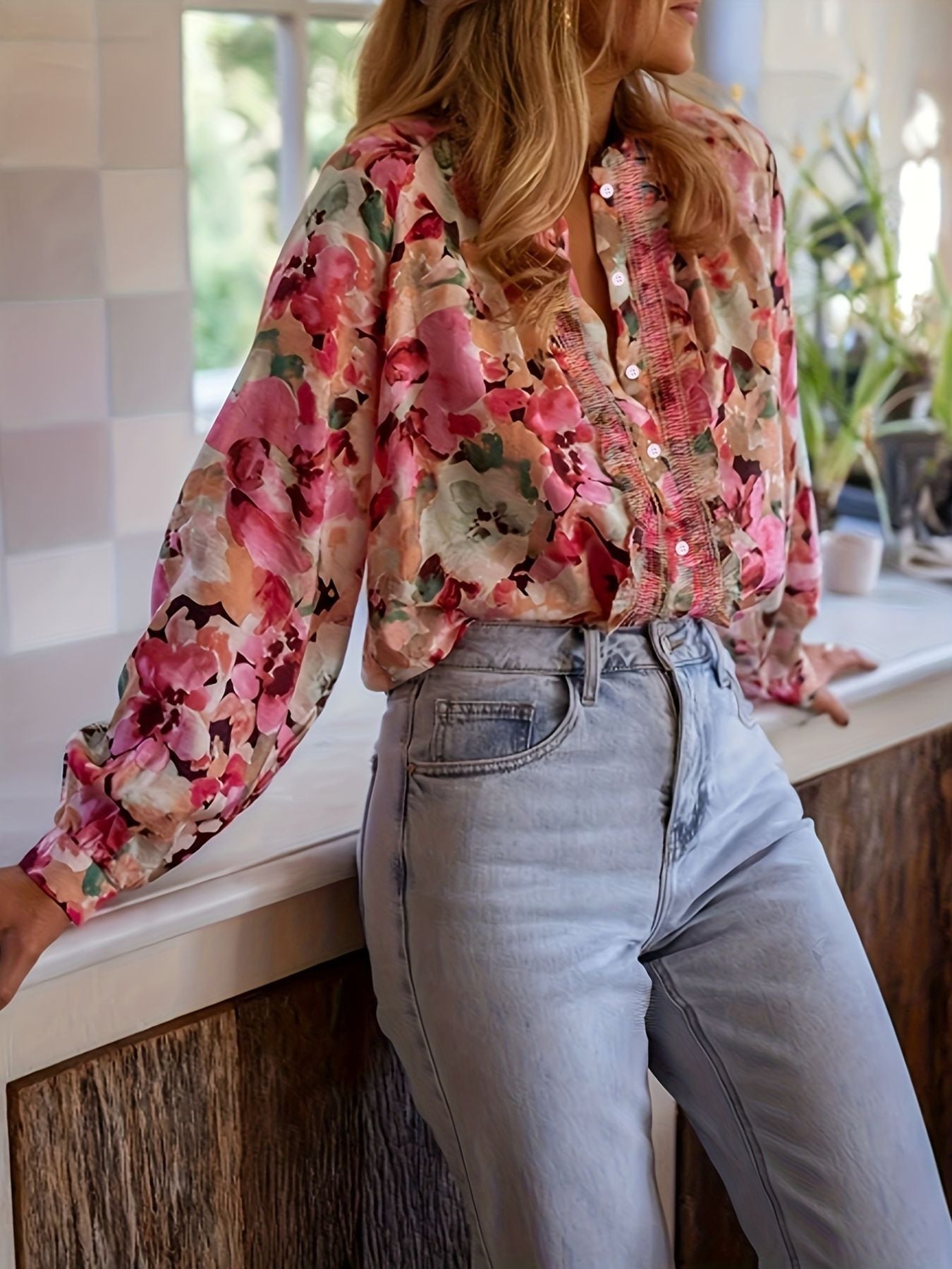 Floral Print Frill Trim Shirt - MegaSuperStar