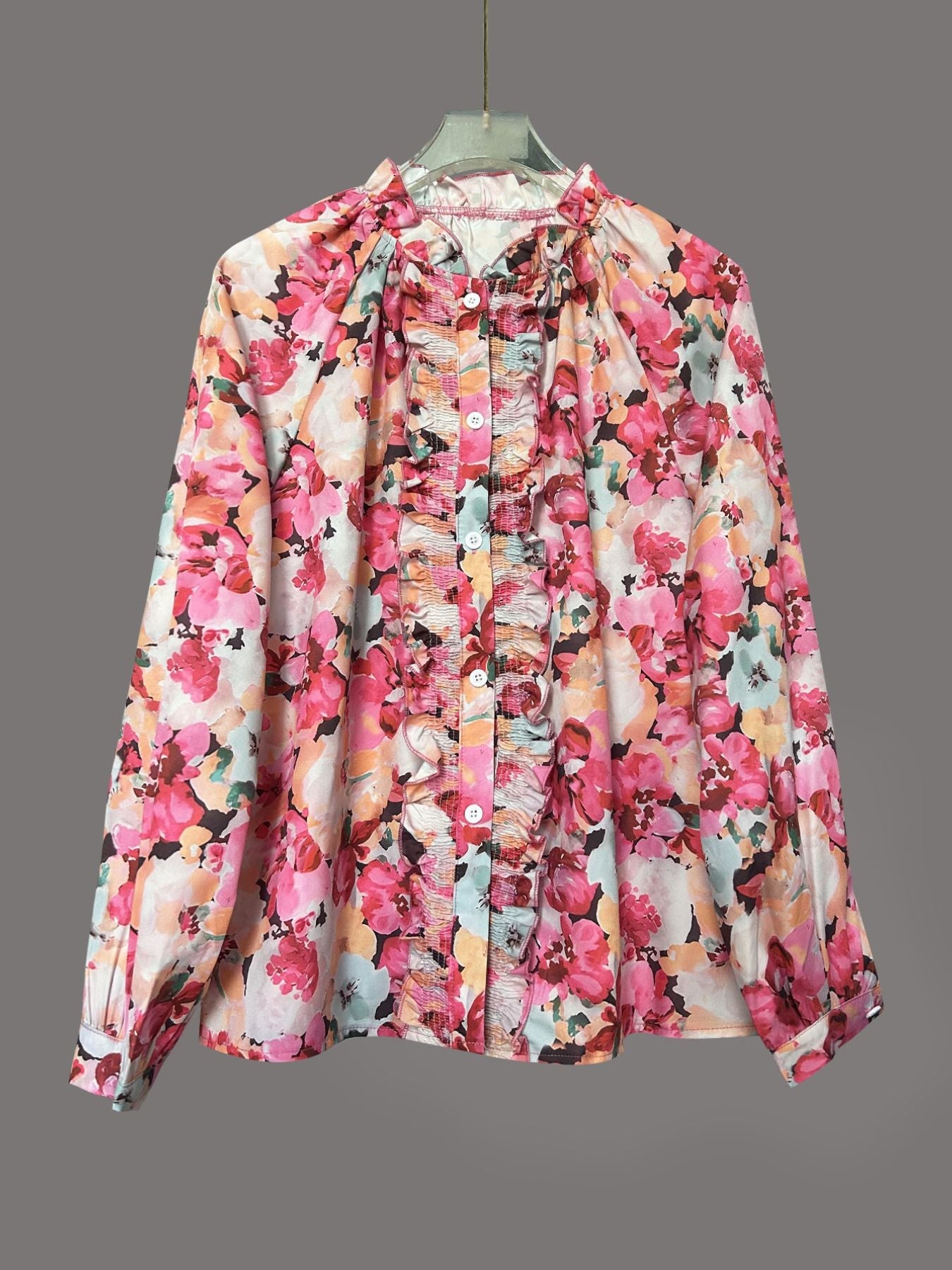 Floral Print Frill Trim Shirt - MegaSuperStar