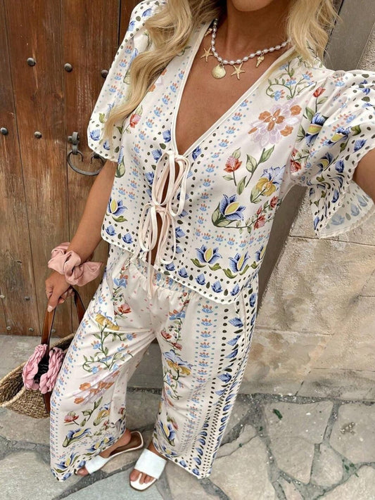 Floral Print Tie - Front Top and Pants Set - MegaSuperStar