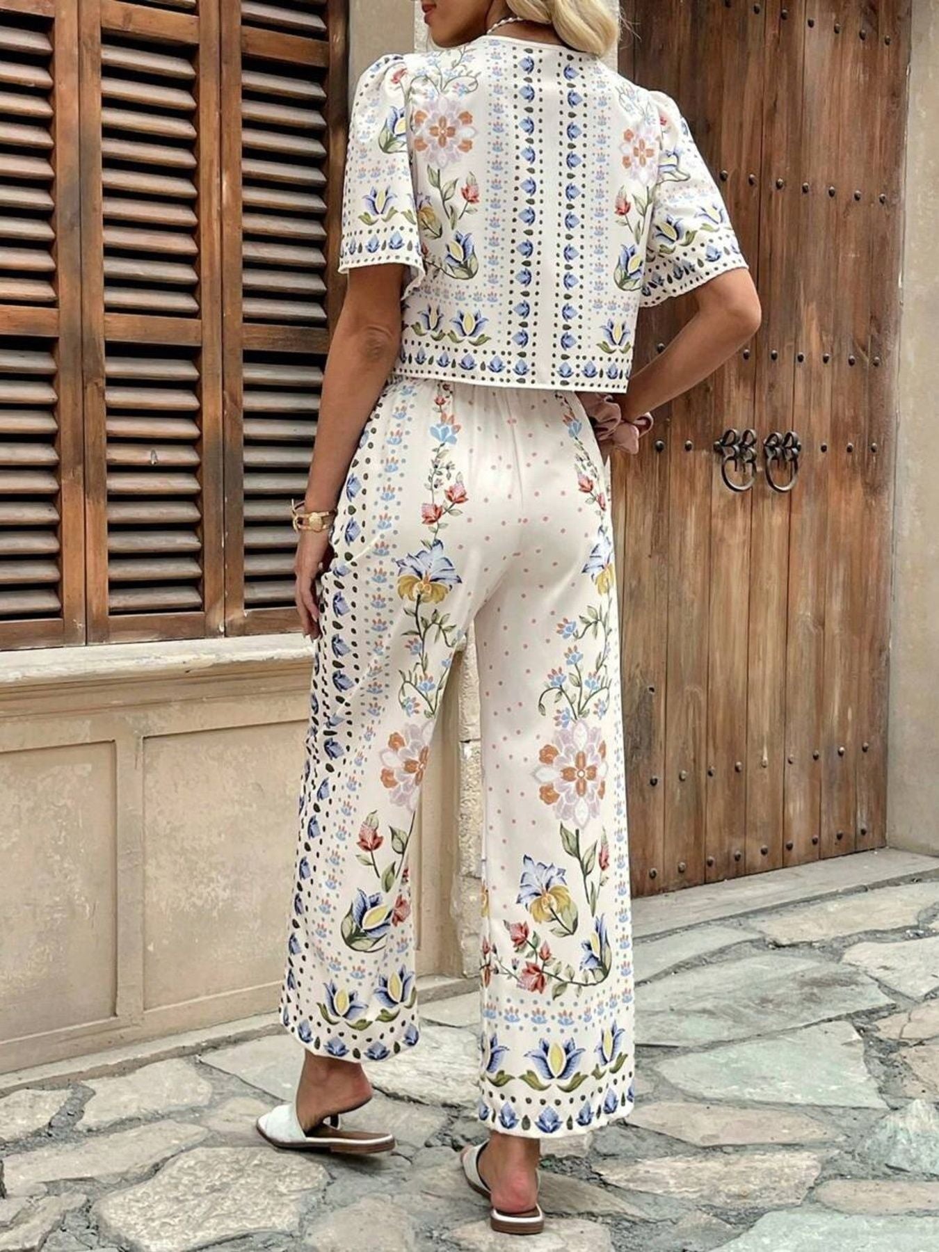 Floral Print Tie - Front Top and Pants Set - MegaSuperStar