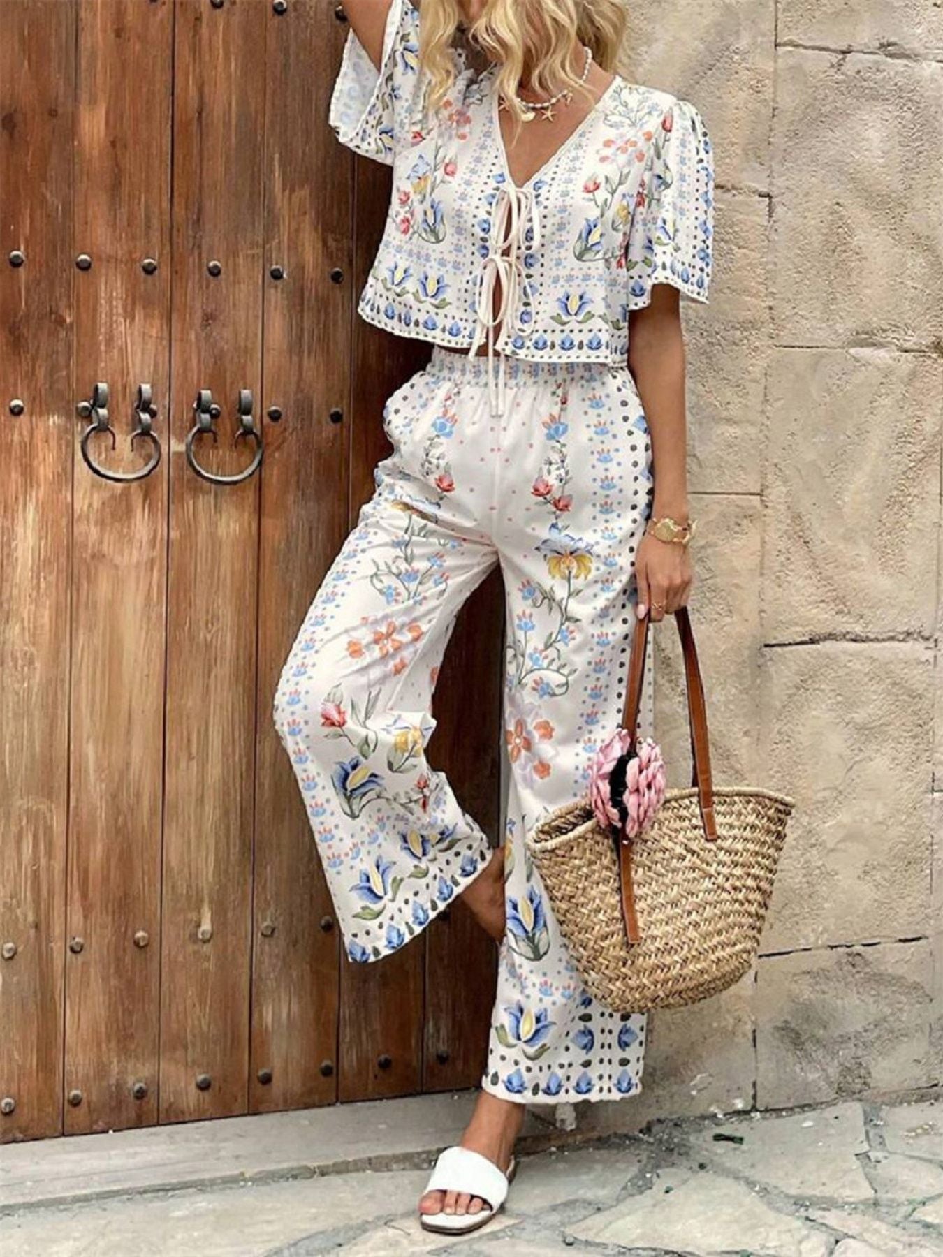 Floral Print Tie - Front Top and Pants Set - MegaSuperStar