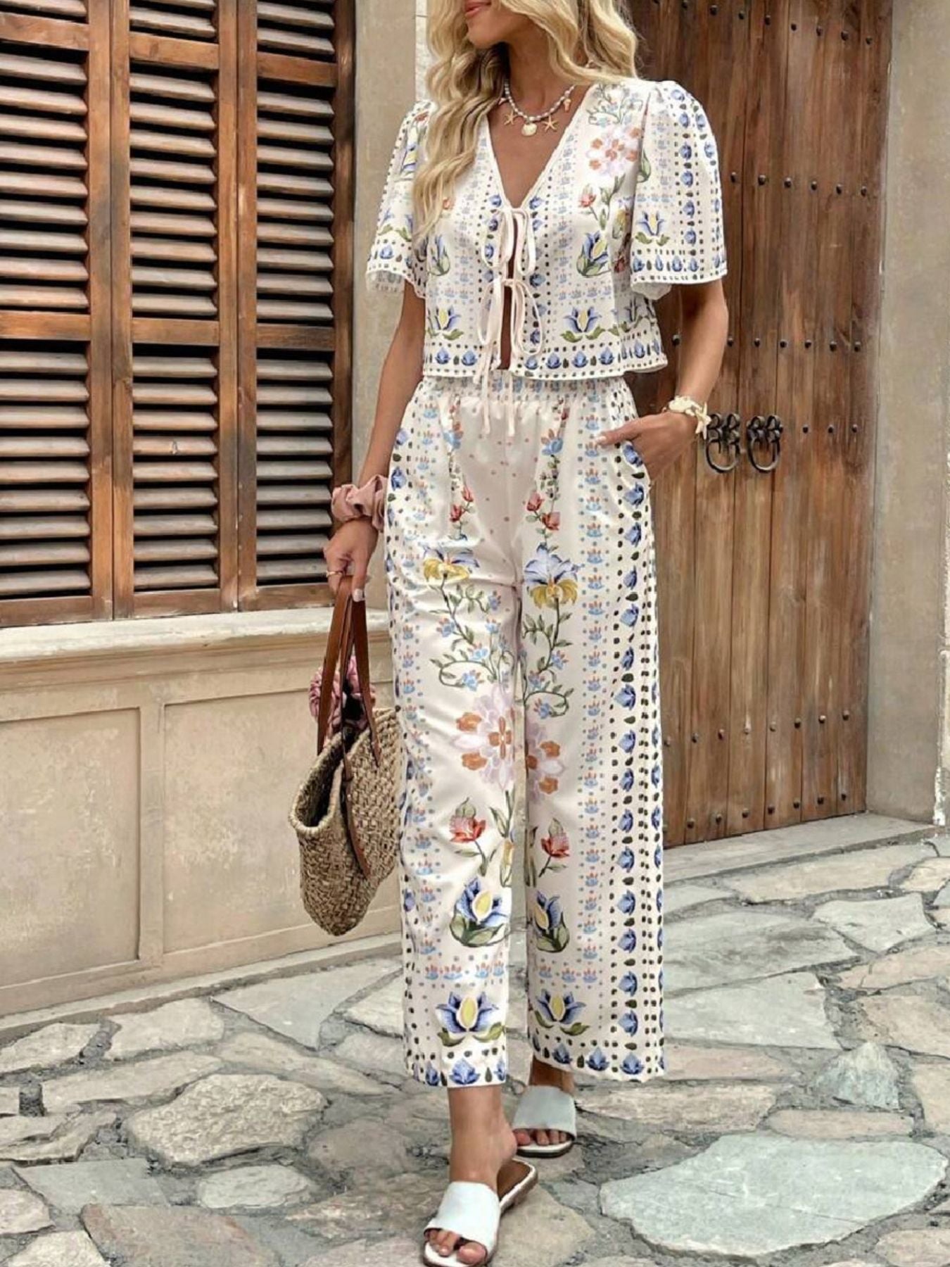 Floral Print Tie - Front Top and Pants Set - MegaSuperStar