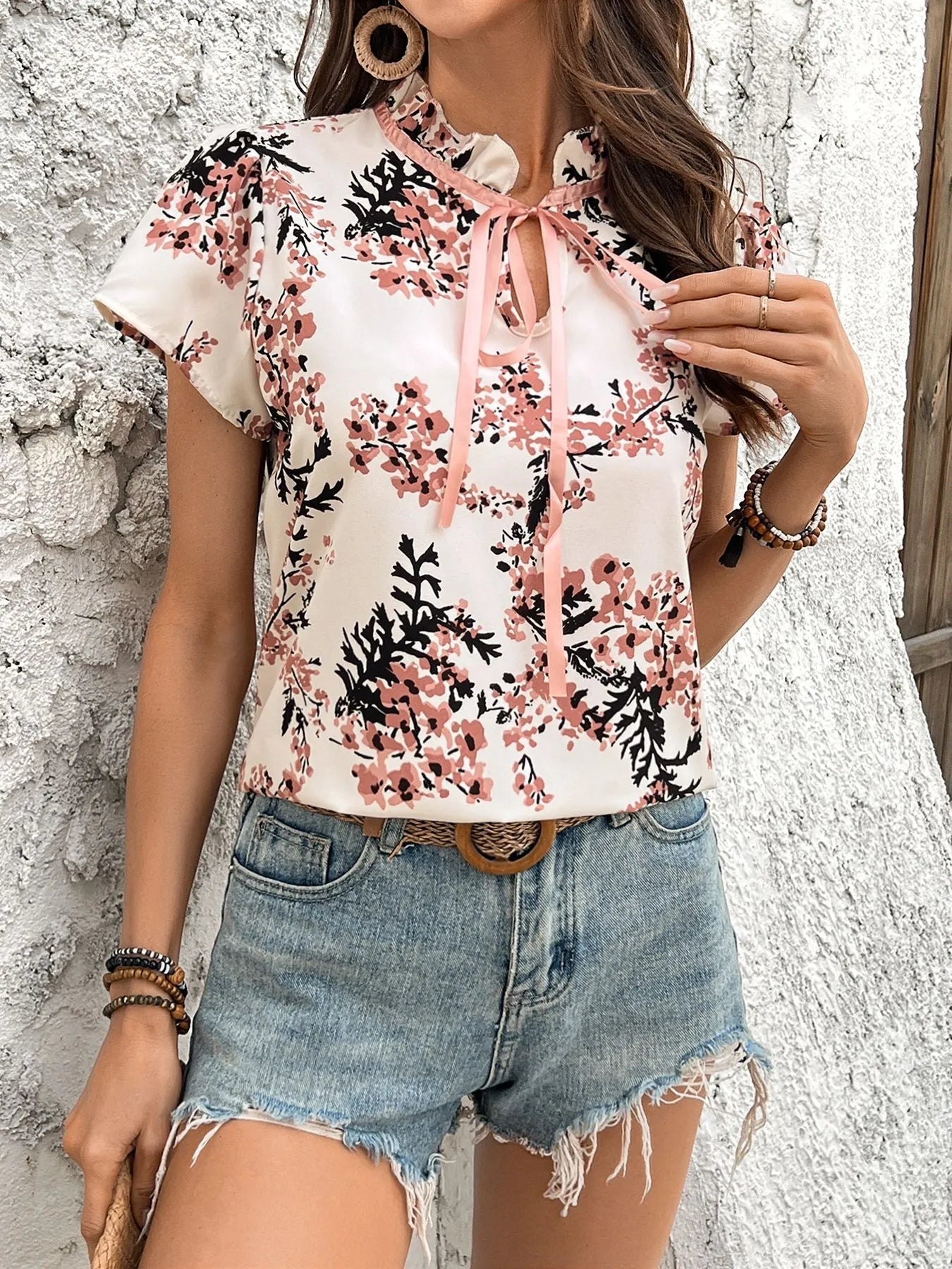 Floral Print Tie Neck Blouse for Effortless Style - MegaSuperStar